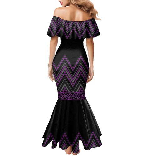 Purple Aotearoa Mangopare Kowhaiwhai and Niho Taniwha Family Matching Mermaid Dress and Hawaiian Shirt Maori New Zealand