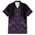 Purple Aotearoa Mangopare Kowhaiwhai and Niho Taniwha Family Matching Off The Shoulder Long Sleeve Dress and Hawaiian Shirt Maori New Zealand