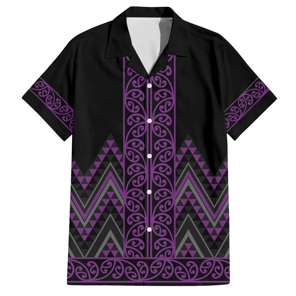 Purple Aotearoa Mangopare Kowhaiwhai and Niho Taniwha Family Matching Off The Shoulder Long Sleeve Dress and Hawaiian Shirt Maori New Zealand