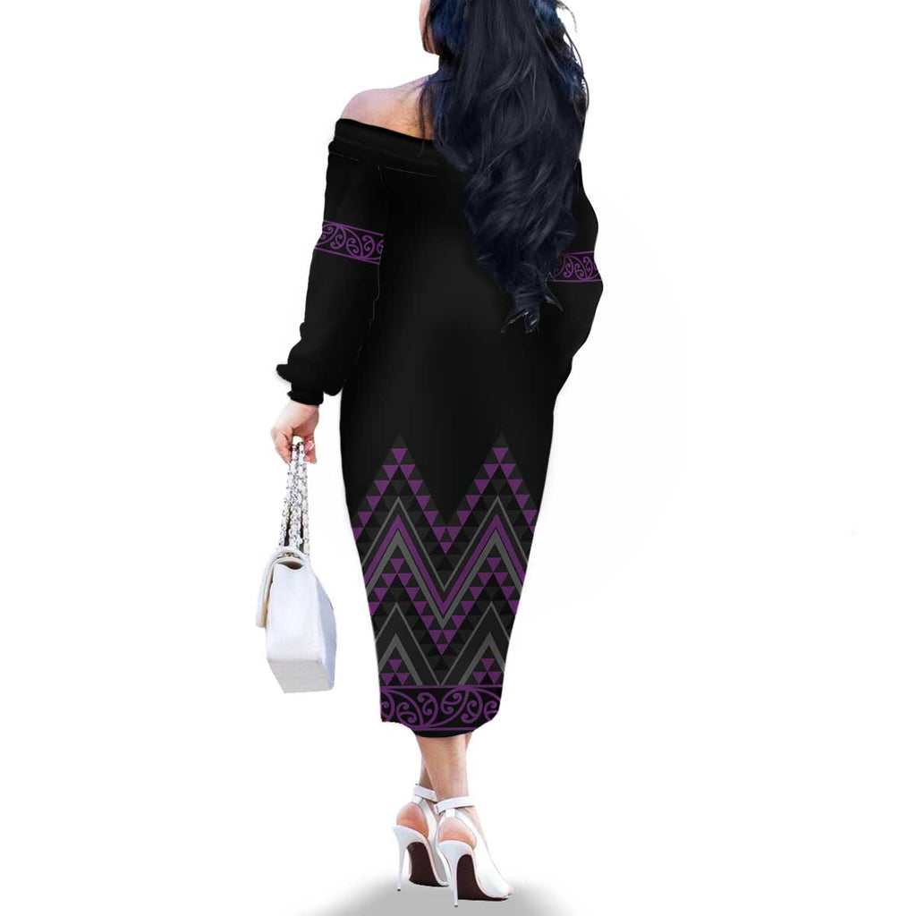 Purple Aotearoa Mangopare Kowhaiwhai and Niho Taniwha Family Matching Off The Shoulder Long Sleeve Dress and Hawaiian Shirt Maori New Zealand