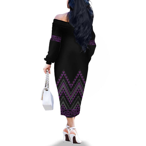 Purple Aotearoa Mangopare Kowhaiwhai and Niho Taniwha Family Matching Off The Shoulder Long Sleeve Dress and Hawaiian Shirt Maori New Zealand