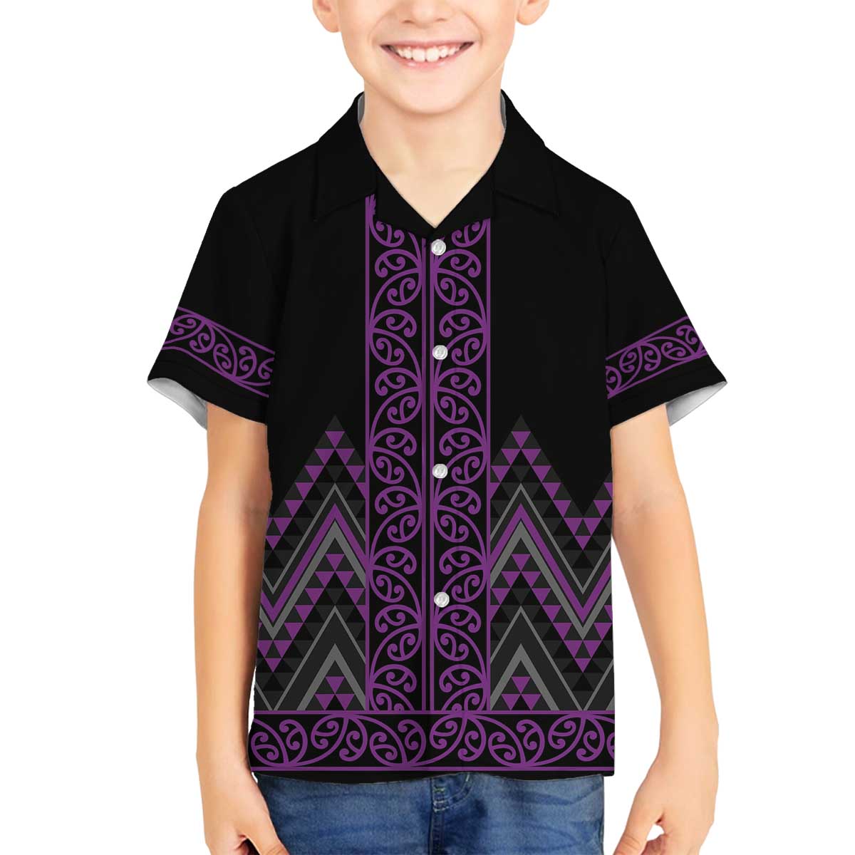 Purple Aotearoa Mangopare Kowhaiwhai and Niho Taniwha Family Matching Off The Shoulder Long Sleeve Dress and Hawaiian Shirt Maori New Zealand