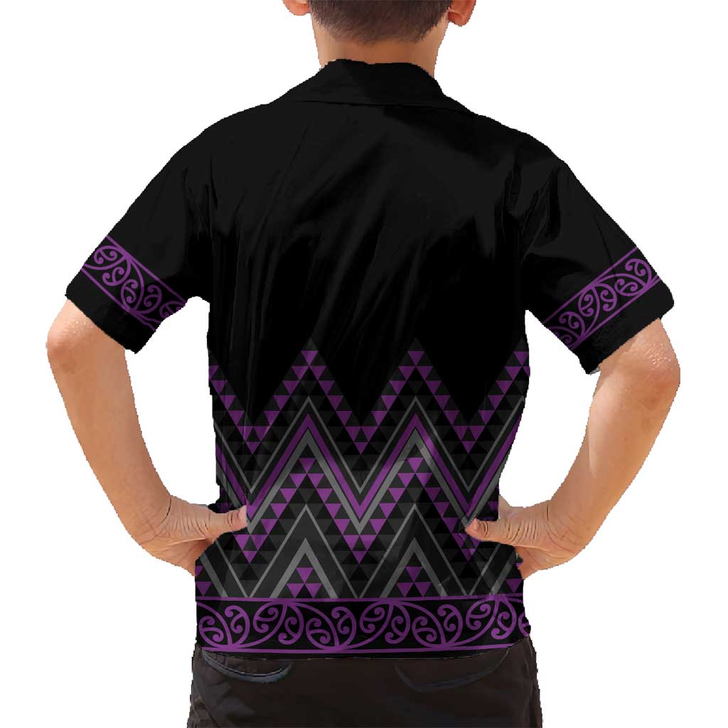 Purple Aotearoa Mangopare Kowhaiwhai and Niho Taniwha Family Matching Off Shoulder Maxi Dress and Hawaiian Shirt Maori New Zealand