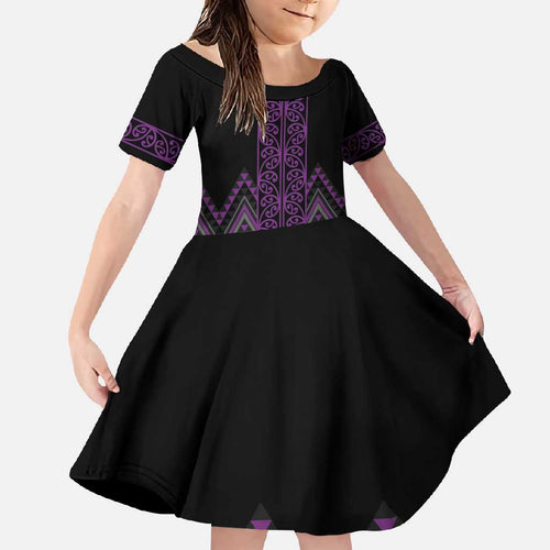 Purple Aotearoa Mangopare Kowhaiwhai and Niho Taniwha Family Matching Off Shoulder Maxi Dress and Hawaiian Shirt Maori New Zealand