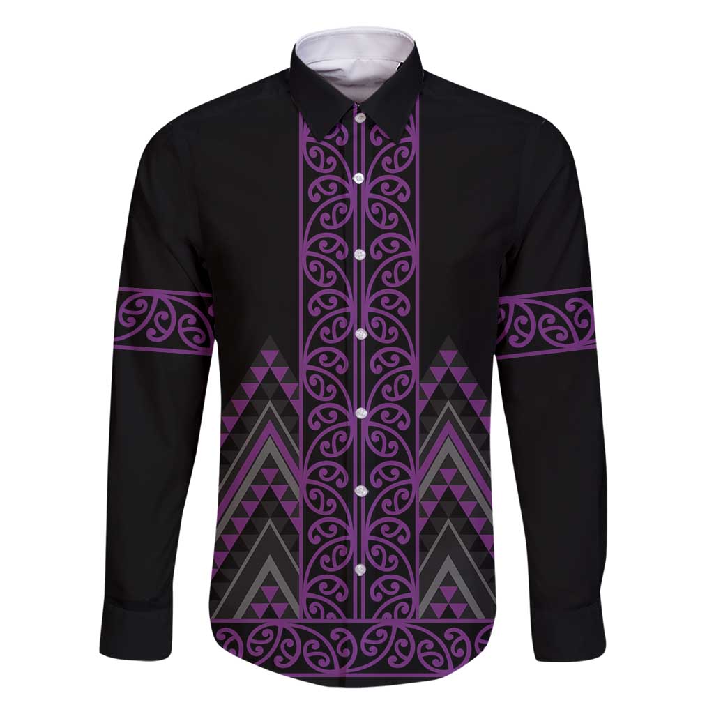 Purple Aotearoa Mangopare Kowhaiwhai and Niho Taniwha Family Matching Off Shoulder Maxi Dress and Hawaiian Shirt Maori New Zealand