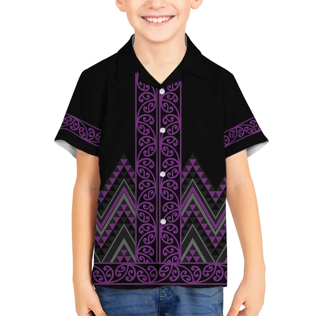 Purple Aotearoa Mangopare Kowhaiwhai and Niho Taniwha Family Matching Off Shoulder Maxi Dress and Hawaiian Shirt Maori New Zealand
