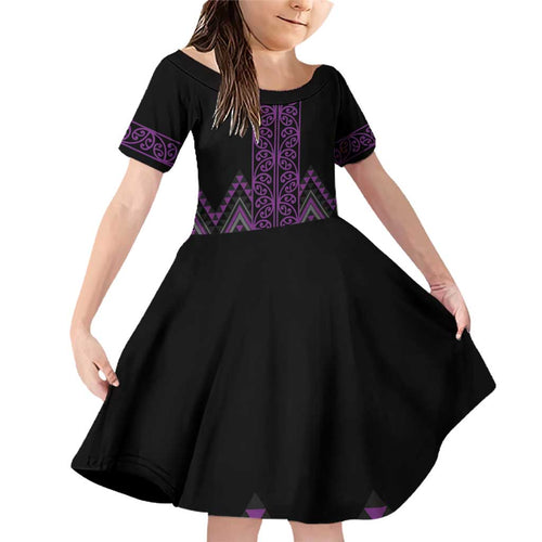 Purple Aotearoa Mangopare Kowhaiwhai and Niho Taniwha Family Matching Off Shoulder Short Dress and Hawaiian Shirt Maori New Zealand