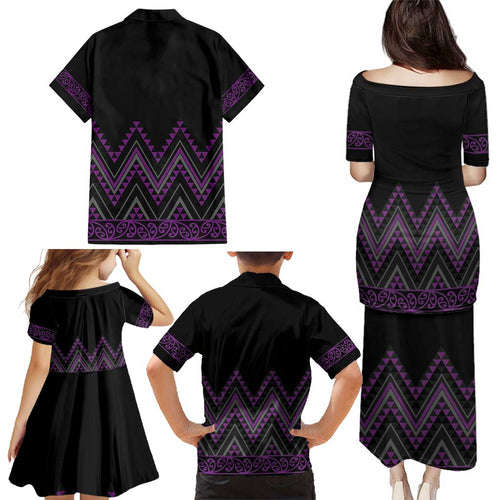 Purple Aotearoa Mangopare Kowhaiwhai and Niho Taniwha Family Matching Puletasi and Hawaiian Shirt Maori New Zealand