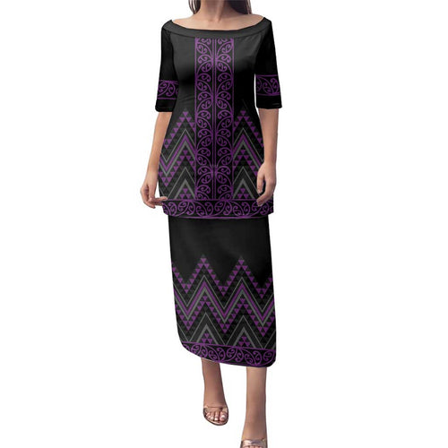 Purple Aotearoa Mangopare Kowhaiwhai and Niho Taniwha Family Matching Puletasi and Hawaiian Shirt Maori New Zealand