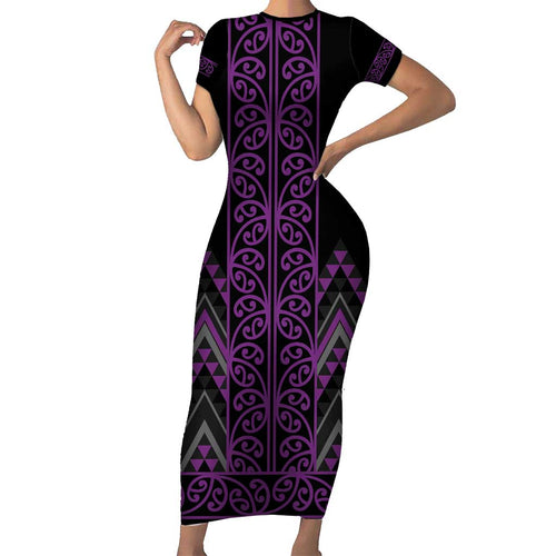 Purple Aotearoa Mangopare Kowhaiwhai and Niho Taniwha Family Matching Short Sleeve Bodycon Dress and Hawaiian Shirt Maori New Zealand