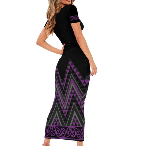 Purple Aotearoa Mangopare Kowhaiwhai and Niho Taniwha Family Matching Short Sleeve Bodycon Dress and Hawaiian Shirt Maori New Zealand