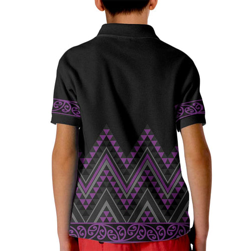 Purple Aotearoa Mangopare Kowhaiwhai and Niho Taniwha Kid Polo Shirt Maori New Zealand