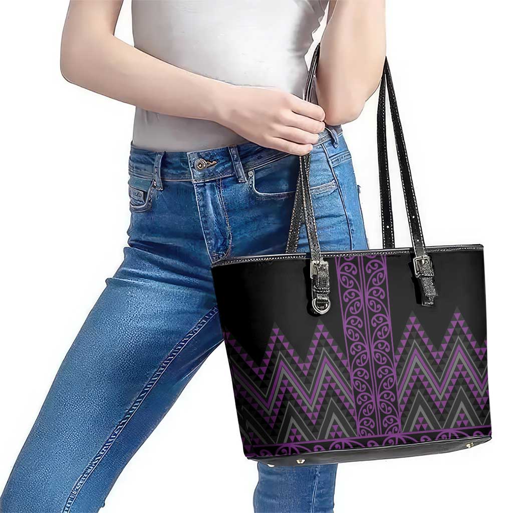Purple Aotearoa Mangopare Kowhaiwhai and Niho Taniwha Leather Tote Bag Maori New Zealand