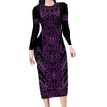 Purple Aotearoa Mangopare Kowhaiwhai and Niho Taniwha Long Sleeve Bodycon Dress Maori New Zealand