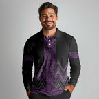 Purple Aotearoa Mangopare Kowhaiwhai and Niho Taniwha Long Sleeve Polo Shirt Maori New Zealand