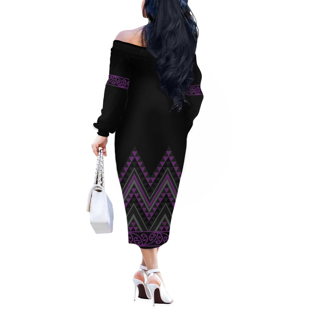 Purple Aotearoa Mangopare Kowhaiwhai and Niho Taniwha Off The Shoulder Long Sleeve Dress Maori New Zealand