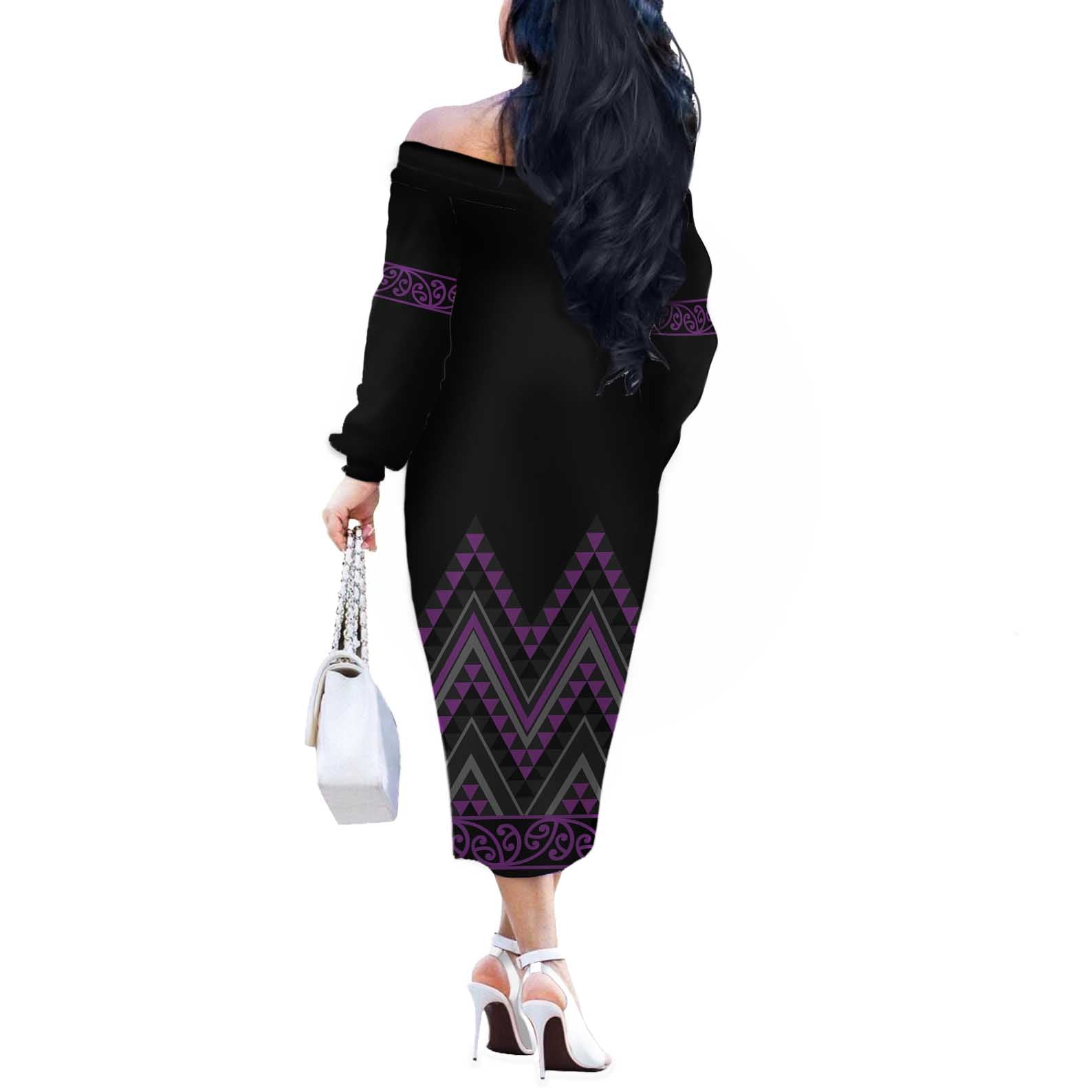 Purple Aotearoa Mangopare Kowhaiwhai and Niho Taniwha Off The Shoulder Long Sleeve Dress Maori New Zealand