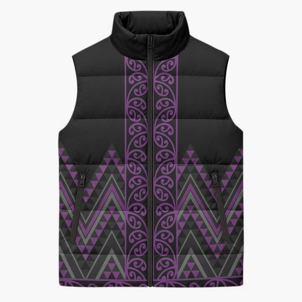 Purple Aotearoa Mangopare Kowhaiwhai Niho Taniwha Sleeveless Puffer Jacket Maori New Zealand - Aussie Hoodie