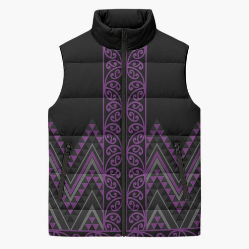 Purple Aotearoa Mangopare Kowhaiwhai Niho Taniwha Sleeveless Puffer Jacket Maori New Zealand - Aussie Hoodie
