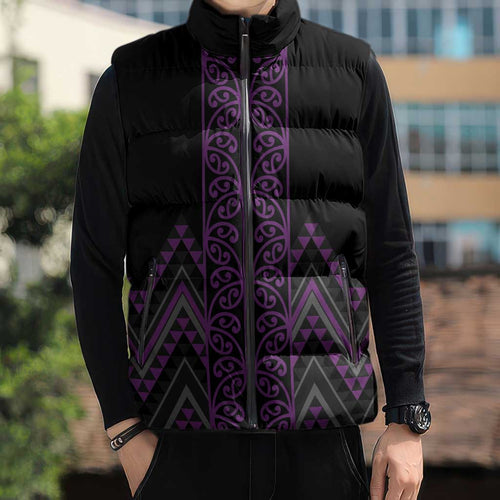 Purple Aotearoa Mangopare Kowhaiwhai Niho Taniwha Sleeveless Puffer Jacket Maori New Zealand - Aussie Hoodie