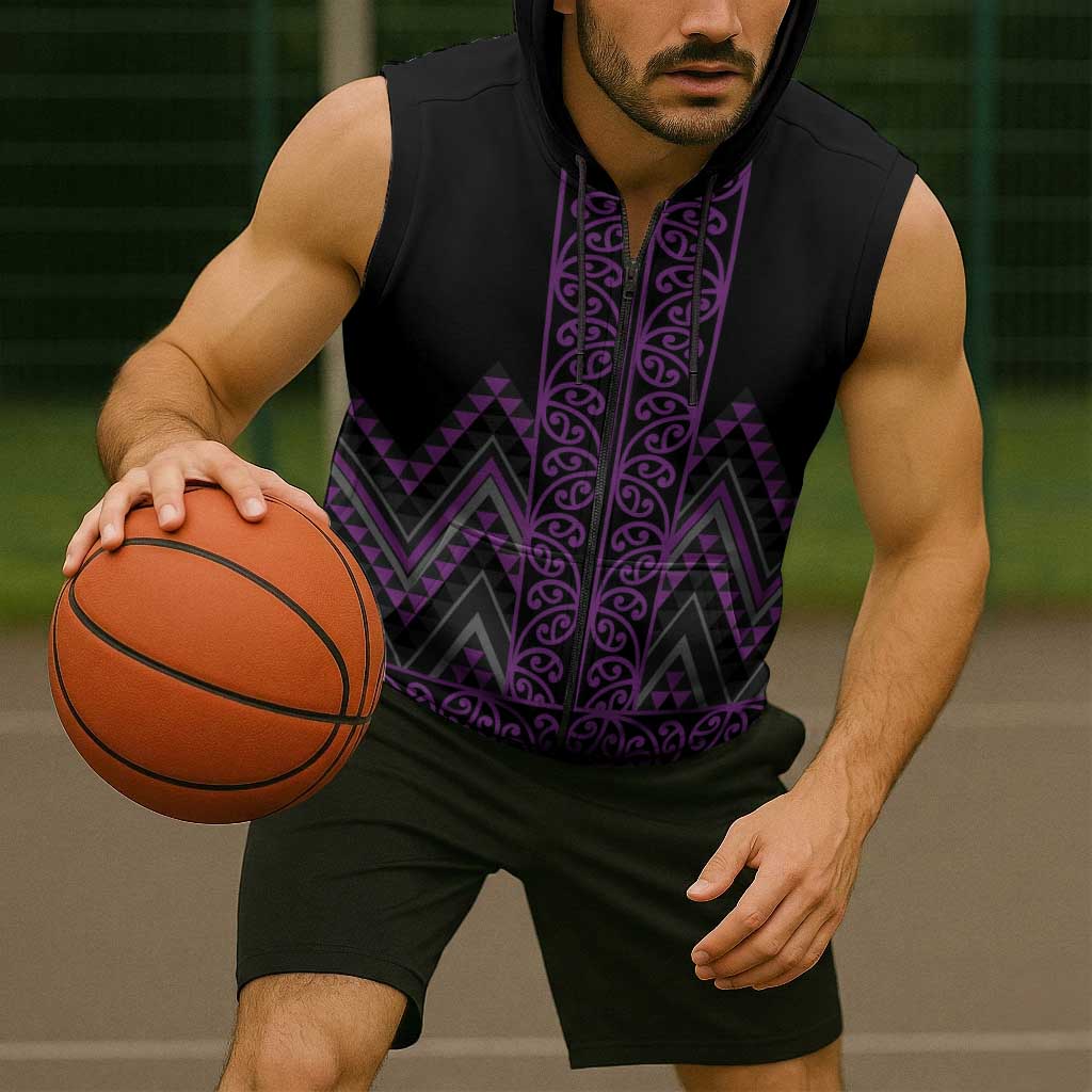 Purple Aotearoa Mangopare Kowhaiwhai Niho Taniwha Sleeveless Zip Hoodie Maori New Zealand LT14
