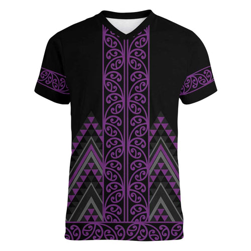 Purple Aotearoa Mangopare Kowhaiwhai and Niho Taniwha Women V-Neck T-Shirt Maori New Zealand