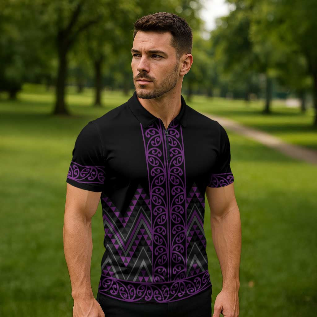 Purple Aotearoa Mangopare Kowhaiwhai Niho Taniwha Zipper Polo Shirt Maori New Zealand - Aussie Hoodie