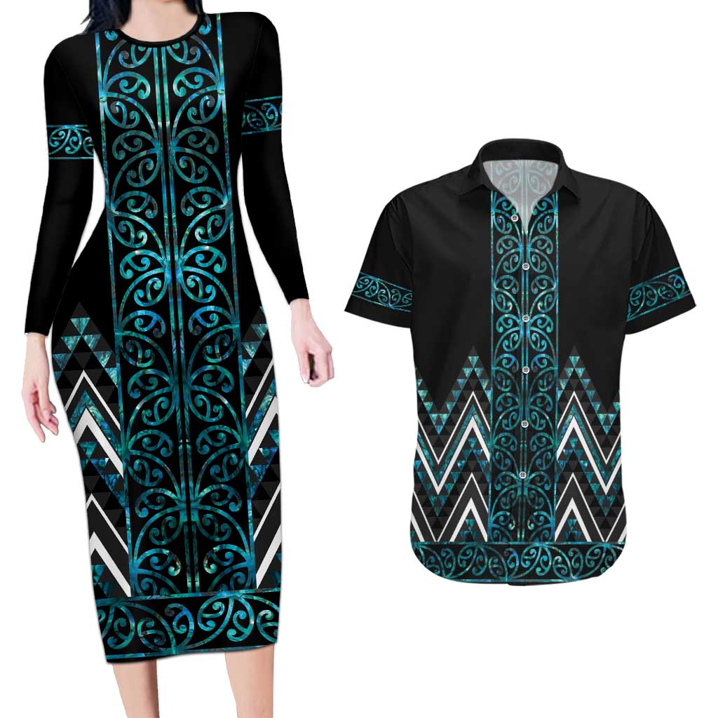 Paua Shell Aotearoa Mangopare Kowhaiwhai and Niho Taniwha Couples Matching Long Sleeve Bodycon Dress and Hawaiian Shirt Maori New Zealand