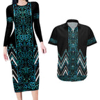 Paua Shell Aotearoa Mangopare Kowhaiwhai and Niho Taniwha Couples Matching Long Sleeve Bodycon Dress and Hawaiian Shirt Maori New Zealand