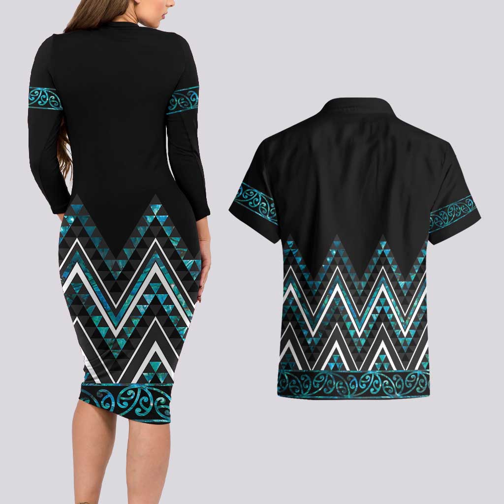 Paua Shell Aotearoa Mangopare Kowhaiwhai and Niho Taniwha Couples Matching Long Sleeve Bodycon Dress and Hawaiian Shirt Maori New Zealand