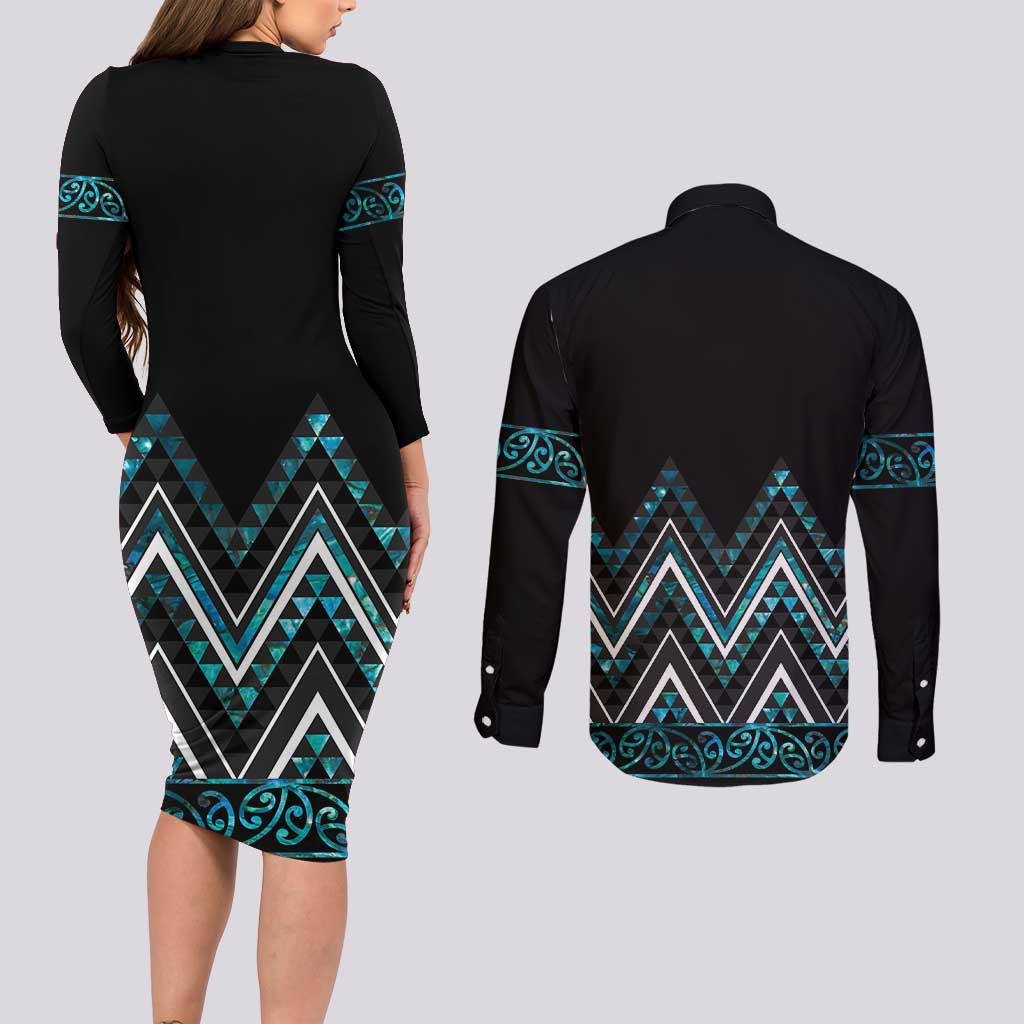 Paua Shell Aotearoa Mangopare Kowhaiwhai and Niho Taniwha Couples Matching Long Sleeve Bodycon Dress and Long Sleeve Button Shirt Maori New Zealand