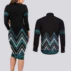 Paua Shell Aotearoa Mangopare Kowhaiwhai and Niho Taniwha Couples Matching Long Sleeve Bodycon Dress and Long Sleeve Button Shirt Maori New Zealand
