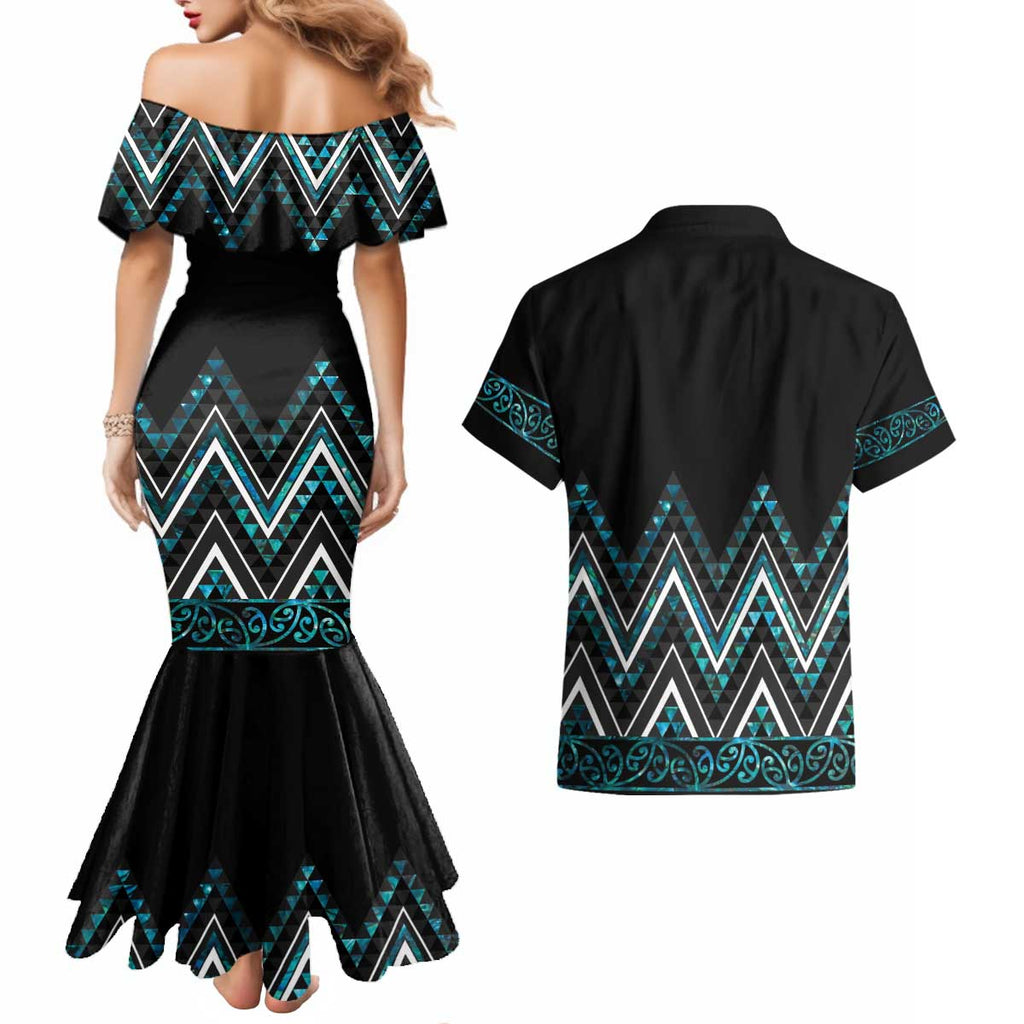 Paua Shell Aotearoa Mangopare Kowhaiwhai and Niho Taniwha Couples Matching Mermaid Dress and Hawaiian Shirt Maori New Zealand