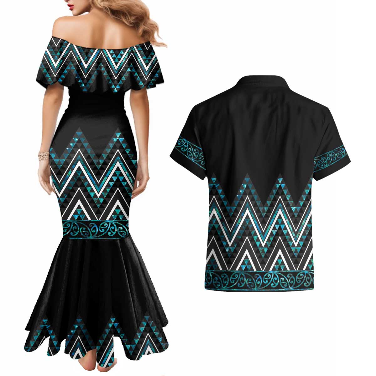 Paua Shell Aotearoa Mangopare Kowhaiwhai and Niho Taniwha Couples Matching Mermaid Dress and Hawaiian Shirt Maori New Zealand