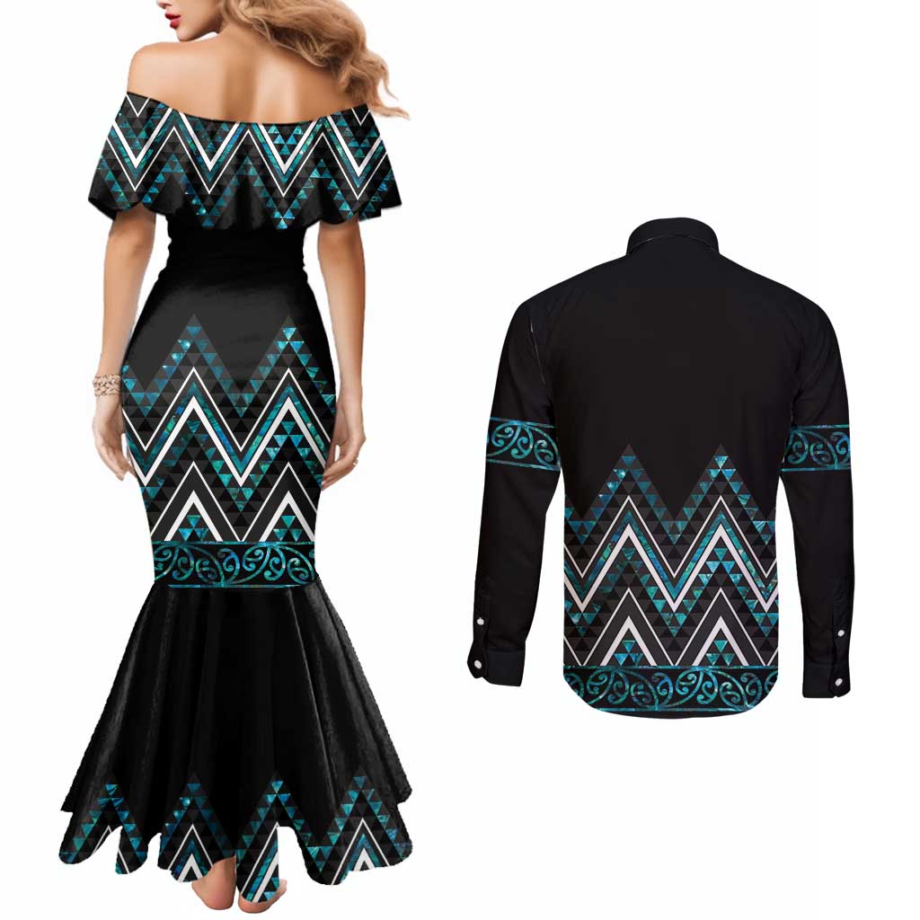 Paua Shell Aotearoa Mangopare Kowhaiwhai and Niho Taniwha Couples Matching Mermaid Dress and Long Sleeve Button Shirt Maori New Zealand