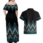 Paua Shell Aotearoa Mangopare Kowhaiwhai and Niho Taniwha Couples Matching Off Shoulder Maxi Dress and Hawaiian Shirt Maori New Zealand