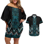 Paua Shell Aotearoa Mangopare Kowhaiwhai and Niho Taniwha Couples Matching Off Shoulder Short Dress and Hawaiian Shirt Maori New Zealand