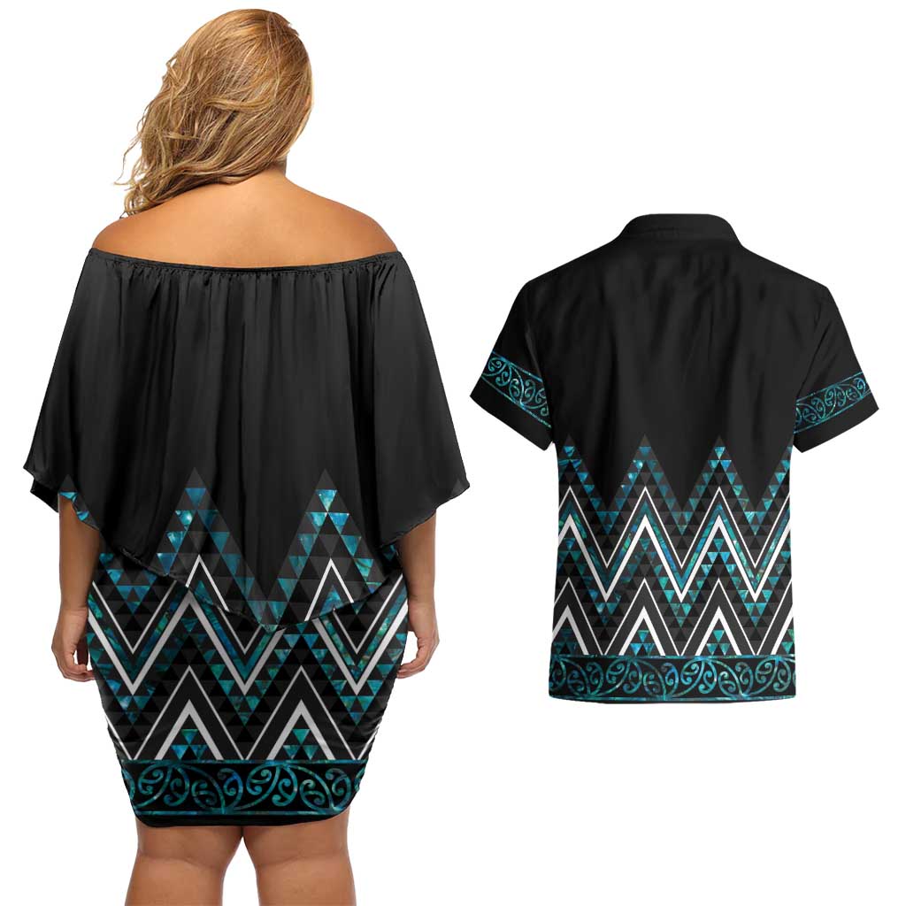 Paua Shell Aotearoa Mangopare Kowhaiwhai and Niho Taniwha Couples Matching Off Shoulder Short Dress and Hawaiian Shirt Maori New Zealand
