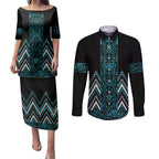 Paua Shell Aotearoa Mangopare Kowhaiwhai and Niho Taniwha Couples Matching Puletasi and Long Sleeve Button Shirt Maori New Zealand