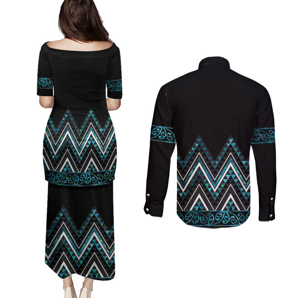 Paua Shell Aotearoa Mangopare Kowhaiwhai and Niho Taniwha Couples Matching Puletasi and Long Sleeve Button Shirt Maori New Zealand