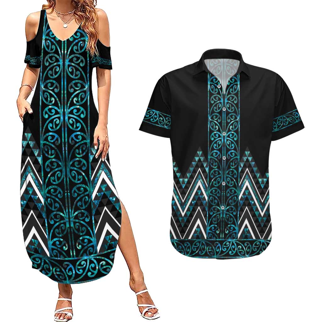 Paua Shell Aotearoa Mangopare Kowhaiwhai and Niho Taniwha Couples Matching Summer Maxi Dress and Hawaiian Shirt Maori New Zealand