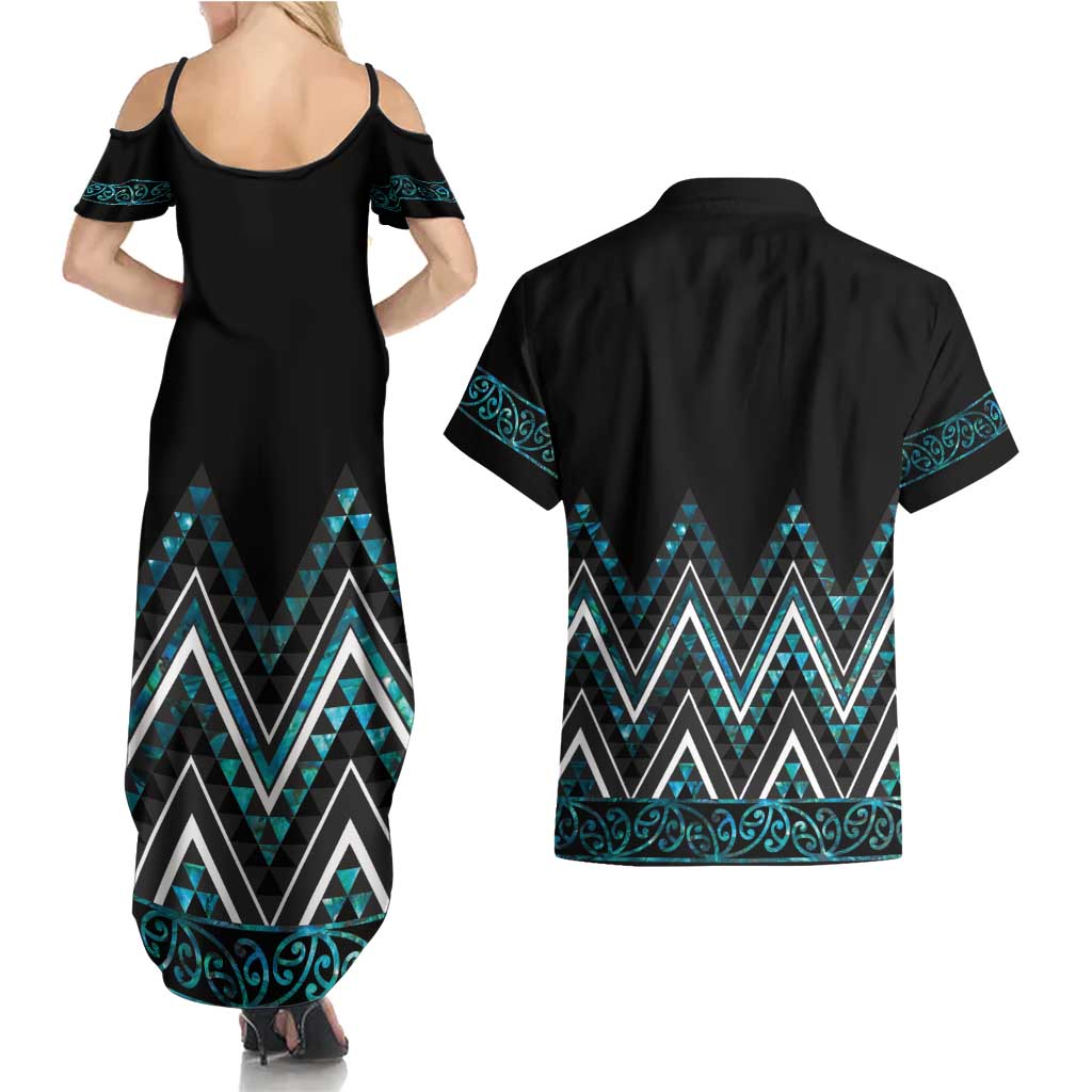 Paua Shell Aotearoa Mangopare Kowhaiwhai and Niho Taniwha Couples Matching Summer Maxi Dress and Hawaiian Shirt Maori New Zealand