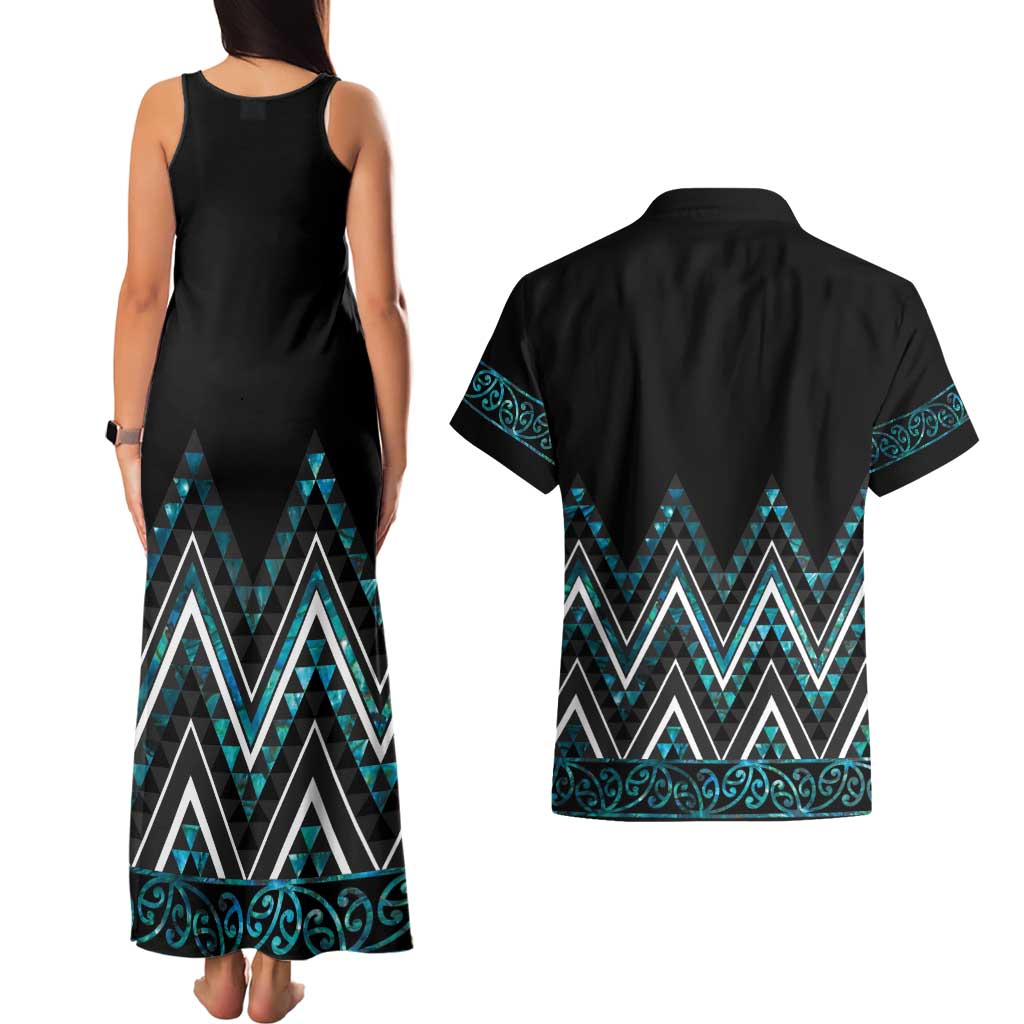 Paua Shell Aotearoa Mangopare Kowhaiwhai and Niho Taniwha Couples Matching Tank Maxi Dress and Hawaiian Shirt Maori New Zealand