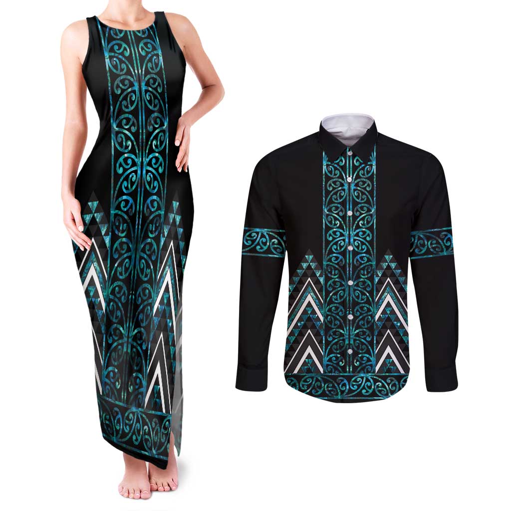Paua Shell Aotearoa Mangopare Kowhaiwhai and Niho Taniwha Couples Matching Tank Maxi Dress and Long Sleeve Button Shirt Maori New Zealand