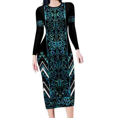 Paua Shell Aotearoa Mangopare Kowhaiwhai and Niho Taniwha Family Matching Long Sleeve Bodycon Dress and Hawaiian Shirt Maori New Zealand