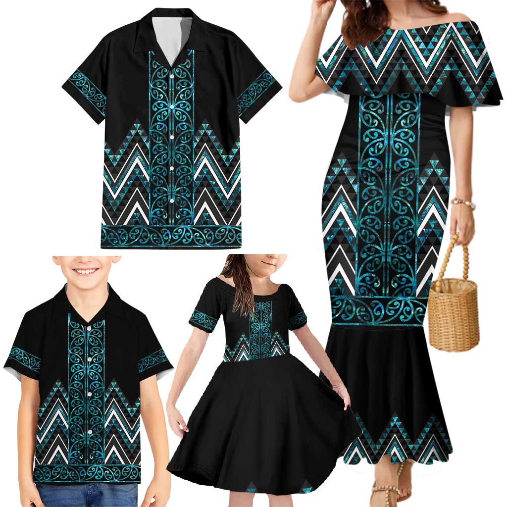 Paua Shell Aotearoa Mangopare Kowhaiwhai and Niho Taniwha Family Matching Mermaid Dress and Hawaiian Shirt Maori New Zealand