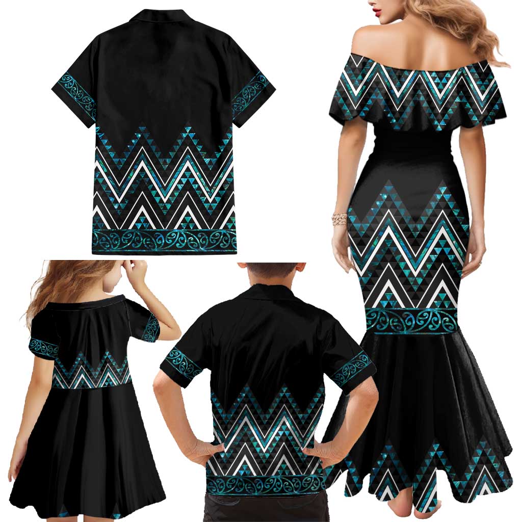 Paua Shell Aotearoa Mangopare Kowhaiwhai and Niho Taniwha Family Matching Mermaid Dress and Hawaiian Shirt Maori New Zealand