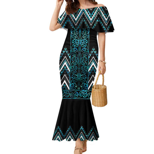 Paua Shell Aotearoa Mangopare Kowhaiwhai and Niho Taniwha Family Matching Mermaid Dress and Hawaiian Shirt Maori New Zealand