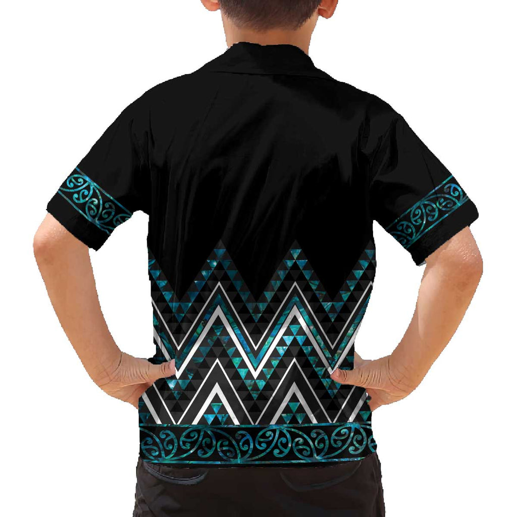 Paua Shell Aotearoa Mangopare Kowhaiwhai and Niho Taniwha Family Matching Off The Shoulder Long Sleeve Dress and Hawaiian Shirt Maori New Zealand