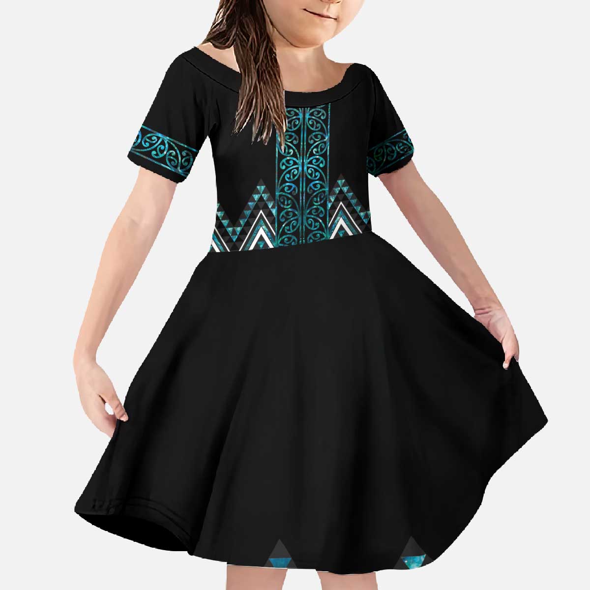 Paua Shell Aotearoa Mangopare Kowhaiwhai and Niho Taniwha Family Matching Off The Shoulder Long Sleeve Dress and Hawaiian Shirt Maori New Zealand